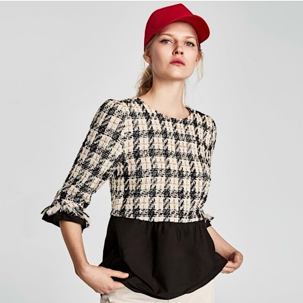 Zara Black and Cream Tweed Peplum Blouse